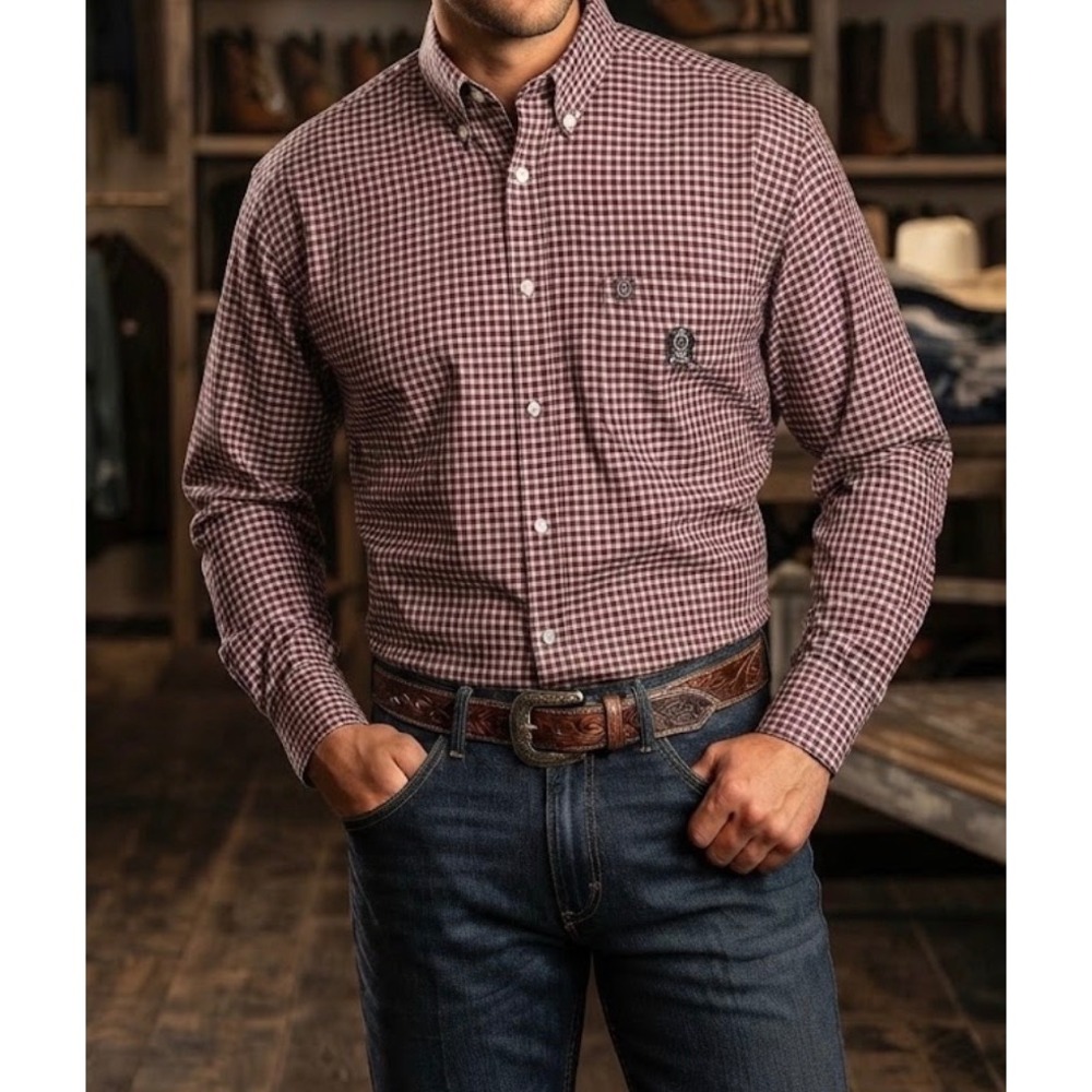 Vintage Cinch Men's XXL Burgundy White Gingham Plaid Western Button Down Shirt